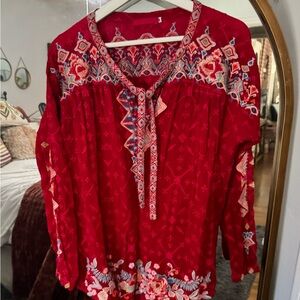 Johnny Was red embroidered blouse